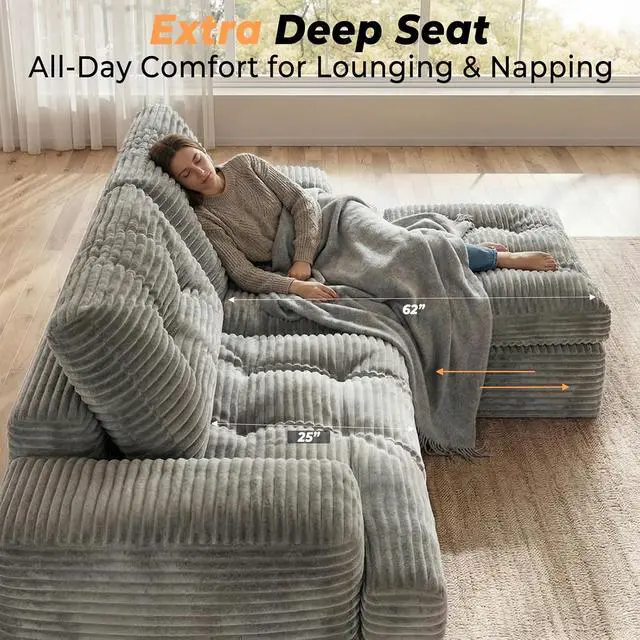 Alt view image 3 of 6 - 85" Modular Sectional Sofa for Living Room, L-Shaped Corduroy Cloud Couch with Ottoman, Two-Layer Cushion, No Assembly Boneless Sofa, Gray
