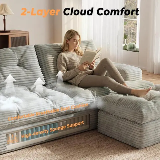 Alt view image 4 of 6 - 85" Modular Sectional Sofa for Living Room, L-Shaped Corduroy Cloud Couch with Ottoman, Two-Layer Cushion, No Assembly Boneless Sofa, Gray
