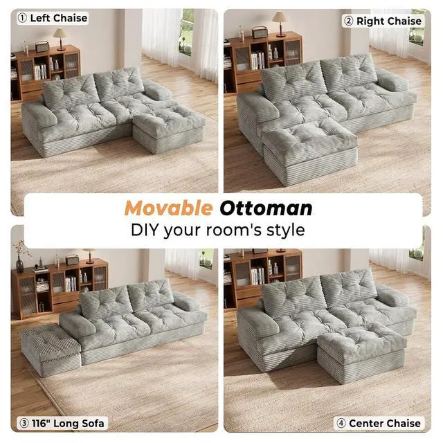 Alt view image 5 of 6 - 85" Modular Sectional Sofa for Living Room, L-Shaped Corduroy Cloud Couch with Ottoman, Two-Layer Cushion, No Assembly Boneless Sofa, Gray