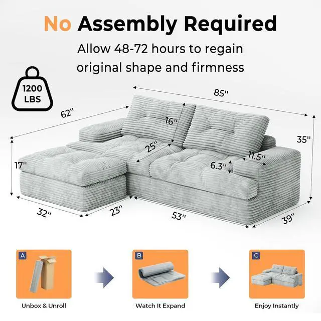 Alt view image 2 of 6 - 85" Modular Sectional Sofa for Living Room, L-Shaped Corduroy Cloud Couch with Ottoman, Two-Layer Cushion, No Assembly Boneless Sofa, Gray