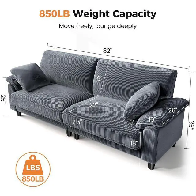 Alt view image 2 of 7 - 87" Sofa Couch, Comfy Extra Deep Seat 3 Seater Couch for Living Room with Soft Upholstered Round Arms, Free 2 Pillows, Gray