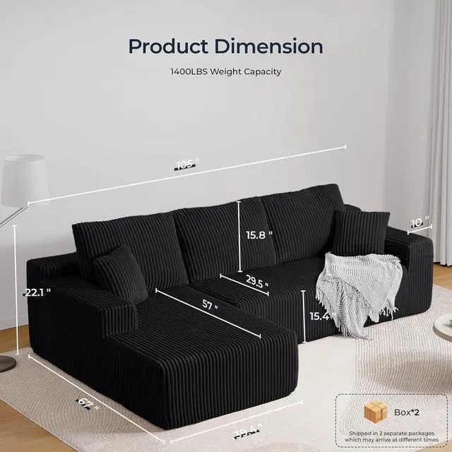 Alt view image 2 of 7 - 105" Cloud Sectional Couch, L-Shaped Modular Sectional Sofa with Deep Seat, Boneless Couches for Living Room Bedroom, Corduroy Upholstery Green, Left Facing Chaise