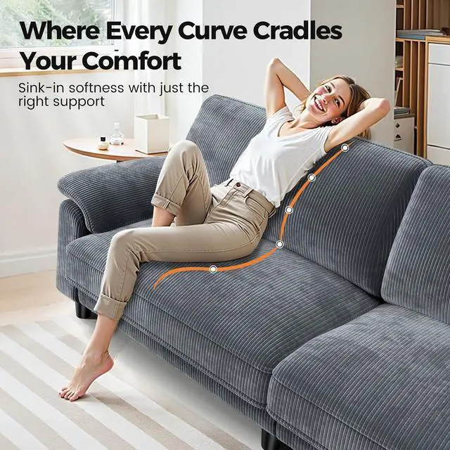 Alt view image 5 of 7 - 87" Sofa Couch, Comfy Extra Deep Seat 3 Seater Couch for Living Room with Soft Upholstered Round Arms, Free 2 Pillows, Gray