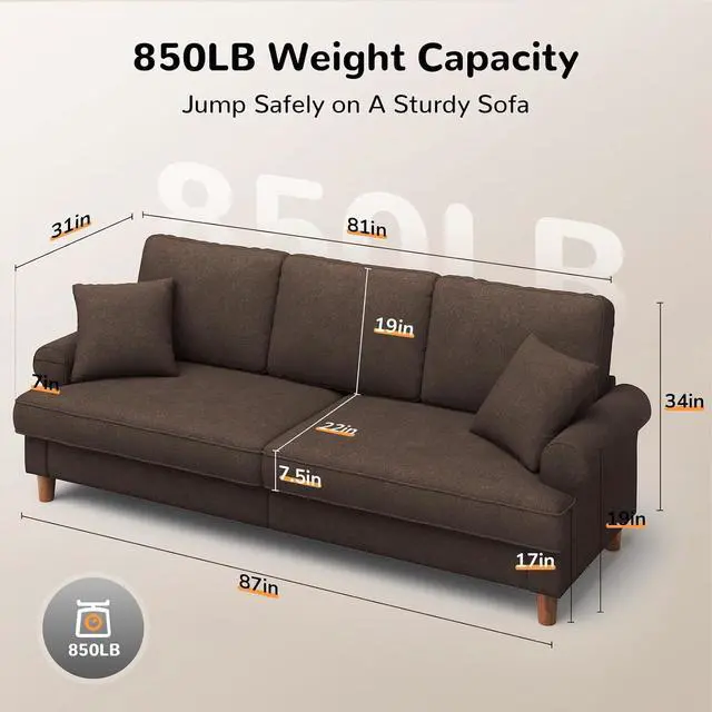 Alt view image 2 of 7 - 87" Sofa Couch, Comfy Extra Deep Seat 3 Seater Couch for Living Room with Soft Upholstered Round Arms, Free 2 Pillows, Brown