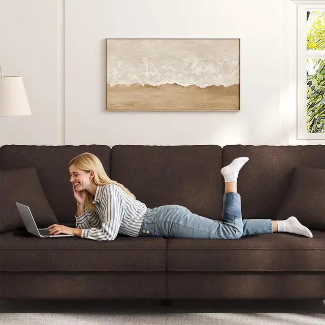 Alt view image 4 of 7 - 87" Sofa Couch, Comfy Extra Deep Seat 3 Seater Couch for Living Room with Soft Upholstered Round Arms, Free 2 Pillows, Brown
