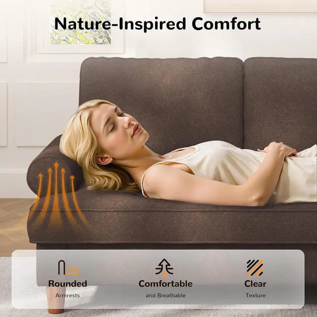 Alt view image 5 of 7 - 87" Sofa Couch, Comfy Extra Deep Seat 3 Seater Couch for Living Room with Soft Upholstered Round Arms, Free 2 Pillows, Brown