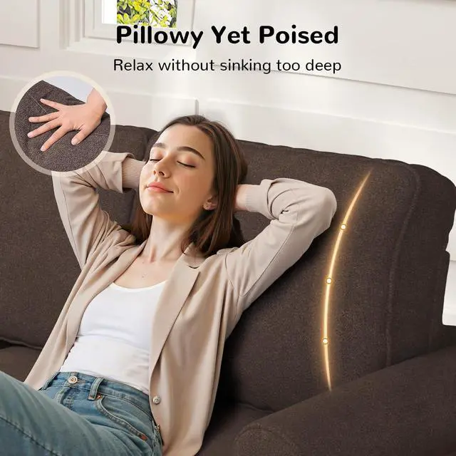 Alt view image 3 of 7 - 87" Sofa Couch, Comfy Extra Deep Seat 3 Seater Couch for Living Room with Soft Upholstered Round Arms, Free 2 Pillows, Brown