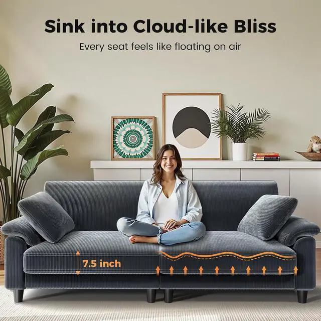Alt view image 4 of 7 - 87" Sofa Couch, Comfy Extra Deep Seat 3 Seater Couch for Living Room with Soft Upholstered Round Arms, Free 2 Pillows, Gray