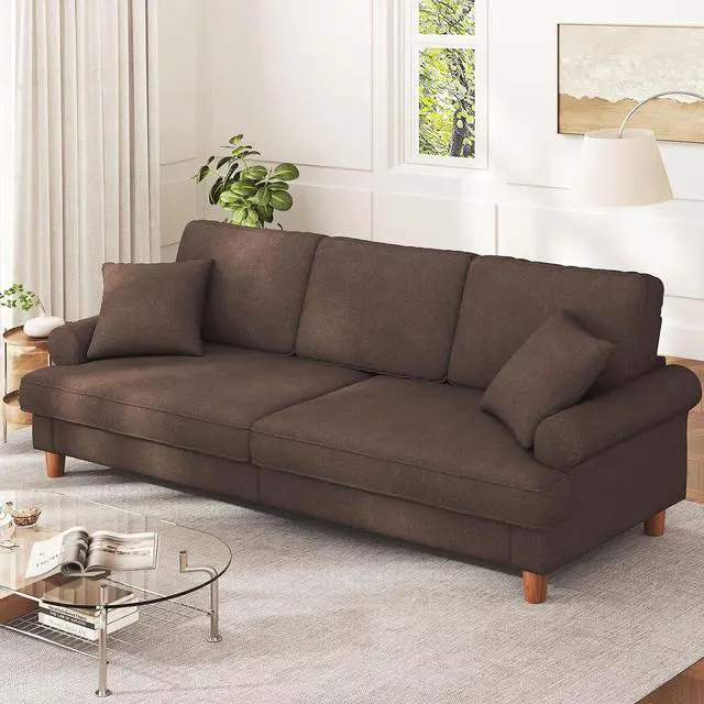 Main image of 87" Sofa Couch, Comfy Extra Deep Seat 3 Seater Couch for Living Room with Soft Upholstered Round Arms, Free 2 Pillows, Brown
