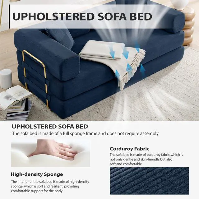 Alt view image 3 of 6 - 4-in-1 Folding Convertible Sofa Bed, 78 Inch Boneless Couch with Fixed-Shape Frame, Corduroy Loveseat Sleeper with Pull Out Bed, Floor Sofa Modular Futon Couch for Living Room Bedroom Lounge (Blue)