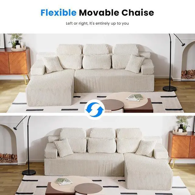 Alt view image 3 of 7 - 141 Cloud Sectional Couch with High Backrest, Convertible U-Shaped Modular Sectional Sofa with Deep Seat, Soft Corduroy Upholstery, Boneless Couches Comfortable for Living Room(Beige)