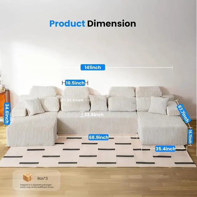 Alt view image 7 of 7 - 141 Cloud Sectional Couch with High Backrest, Convertible U-Shaped Modular Sectional Sofa with Deep Seat, Soft Corduroy Upholstery, Boneless Couches Comfortable for Living Room(Beige)