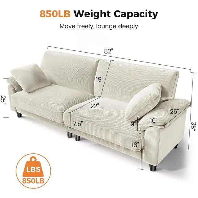 Alt view image 2 of 7 - 87" Sofa Couch, Comfy Extra Deep Seat 3 Seater Couch for Living Room with Soft Upholstered Round Arms, Free 2 Pillows, Beige