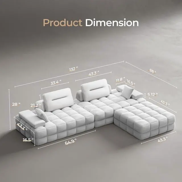 Alt view image 2 of 7 - L Shaped Sectional Sofa 132" with Storage Chaise, Modular Sofa Bed & 6 Pillows, Durable Kid-Friendly Chenille Fabric for Living Room and Apartment