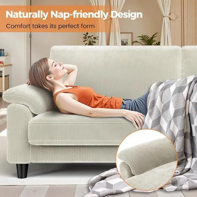 Alt view image 5 of 7 - 87" Sofa Couch, Comfy Extra Deep Seat 3 Seater Couch for Living Room with Soft Upholstered Round Arms, Free 2 Pillows, Beige