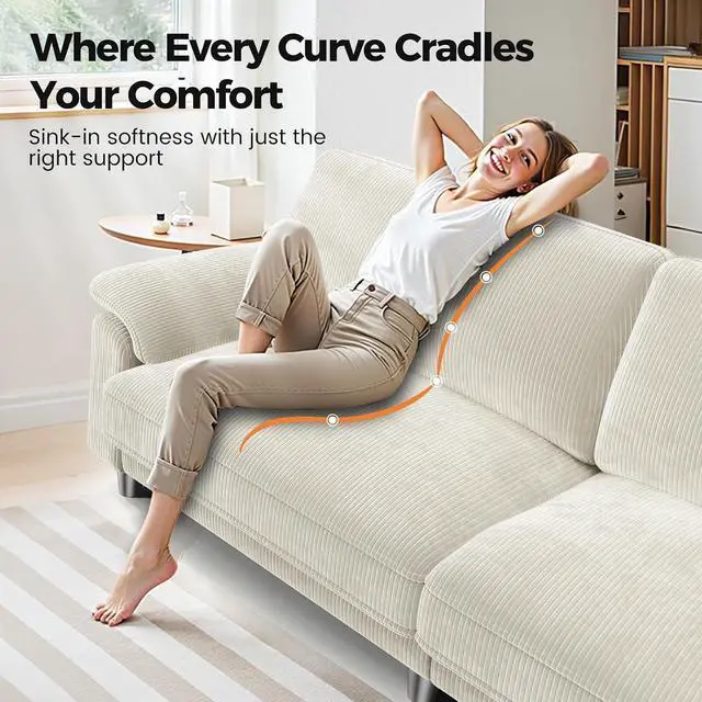 Alt view image 7 of 7 - 87" Sofa Couch, Comfy Extra Deep Seat 3 Seater Couch for Living Room with Soft Upholstered Round Arms, Free 2 Pillows, Beige