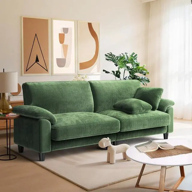 Main image of 83" Corduroy Sofa, Loveseat Sofa with Extra Deep Seat Couches, Comfy Upholstered Couch for Living Room, No Assembly with 2 Pillows, Green