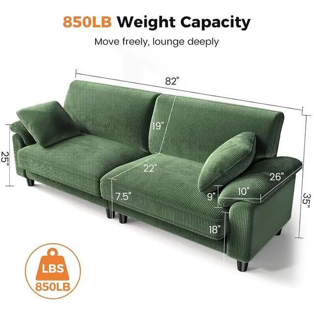 Alt view image 2 of 6 - 83" Corduroy Sofa, Loveseat Sofa with Extra Deep Seat Couches, Comfy Upholstered Couch for Living Room, No Assembly with 2 Pillows, Green