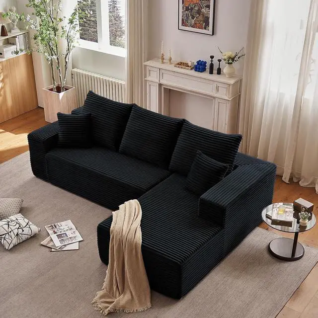 Main image of 96" Boneless Couch for Living Room, Corduroy Cloud Sectional Sofa with L-Shape Chaise, Modular Memory Foam Couch with Deep Seat, No Assembly Required (Black,Right-Facing Chaise)
