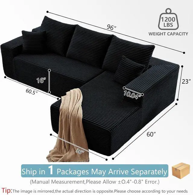 Alt view image 2 of 7 - 96" Boneless Couch for Living Room, Corduroy Cloud Sectional Sofa with L-Shape Chaise, Modular Memory Foam Couch with Deep Seat, No Assembly Required (Black,Right-Facing Chaise)