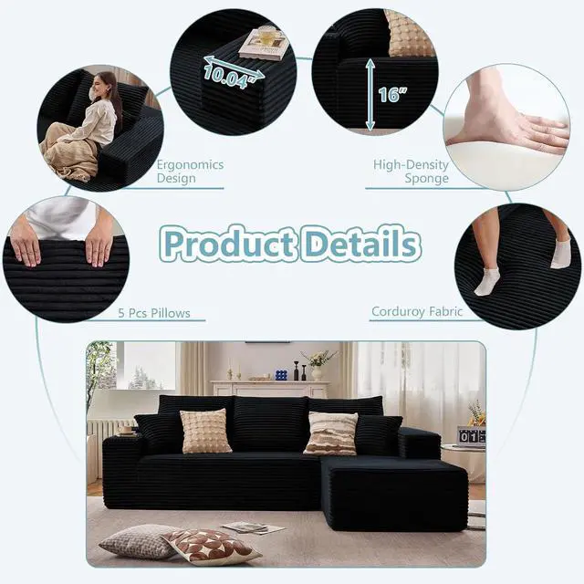Alt view image 4 of 7 - 96" Boneless Couch for Living Room, Corduroy Cloud Sectional Sofa with L-Shape Chaise, Modular Memory Foam Couch with Deep Seat, No Assembly Required (Black,Right-Facing Chaise)