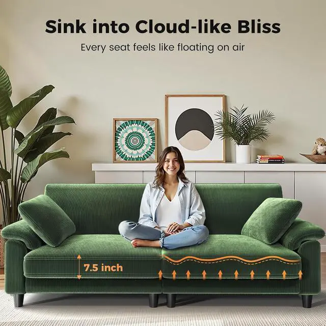 Alt view image 3 of 6 - 83" Corduroy Sofa, Loveseat Sofa with Extra Deep Seat Couches, Comfy Upholstered Couch for Living Room, No Assembly with 2 Pillows, Green