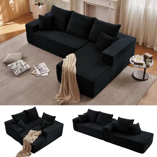 Alt view image 5 of 7 - 96" Boneless Couch for Living Room, Corduroy Cloud Sectional Sofa with L-Shape Chaise, Modular Memory Foam Couch with Deep Seat, No Assembly Required (Black,Right-Facing Chaise)