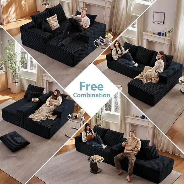 Alt view image 3 of 6 - 107" W Cloud Sectional Couch with L-Shape Chaise, Modern Corduroy Boneless Couch for Living Room,Memory Foam Sofa with Deep Seat,No Assembly Required (Black,Right-Facing Chaise)