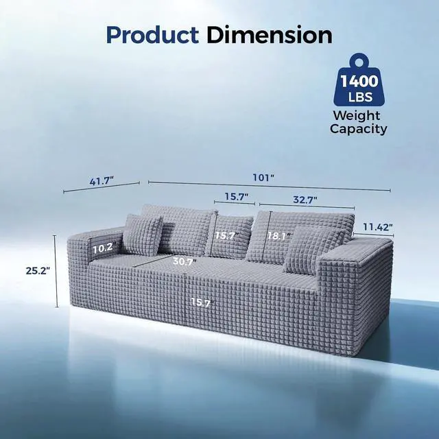 Alt view image 2 of 7 - 101" Couch for Living Room Furniture Diamond Boneless Sofa with 31-inch Extra Deep Seat, No Assembly, Gray