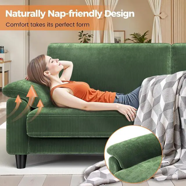 Alt view image 5 of 6 - 83" Corduroy Sofa, Loveseat Sofa with Extra Deep Seat Couches, Comfy Upholstered Couch for Living Room, No Assembly with 2 Pillows, Green
