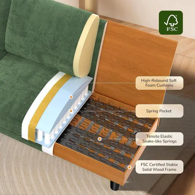 Alt view image 4 of 6 - 83" Corduroy Sofa, Loveseat Sofa with Extra Deep Seat Couches, Comfy Upholstered Couch for Living Room, No Assembly with 2 Pillows, Green