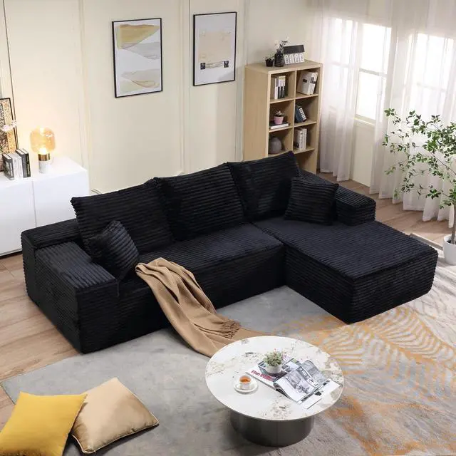Alt view image 7 of 7 - 96" Boneless Couch for Living Room, Corduroy Cloud Sectional Sofa with L-Shape Chaise, Modular Memory Foam Couch with Deep Seat, No Assembly Required (Black,Right-Facing Chaise)