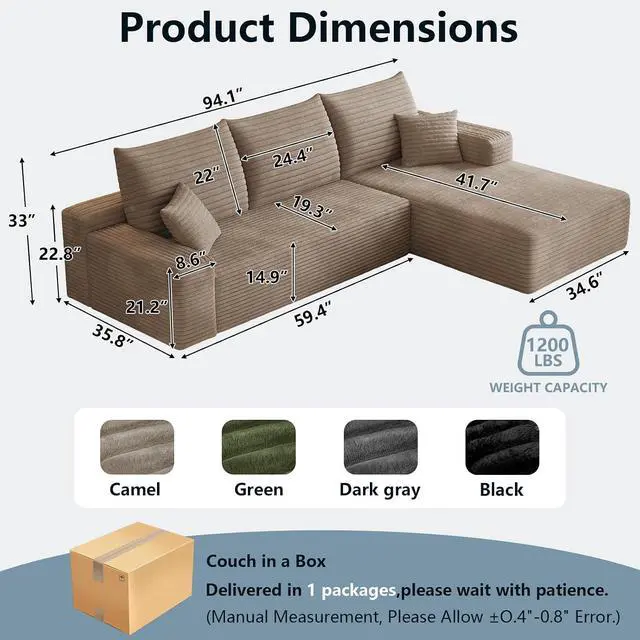 Alt view image 2 of 7 - 95" Cloud Sectional Couch with L-Shape Chaise, Modern Corduroy Boneless Couch for Living Room,Memory Foam Sofa with Deep Seat,No Assembly Required (Camel,Right-Facing Chaise)