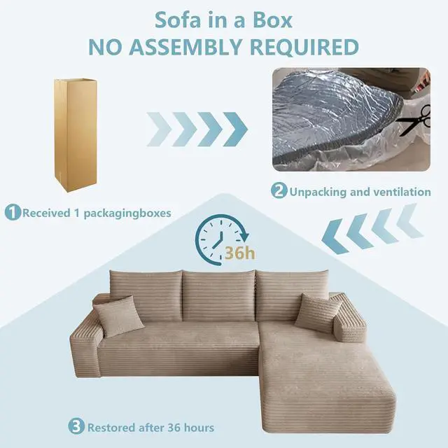 Alt view image 7 of 7 - 95" Cloud Sectional Couch with L-Shape Chaise, Modern Corduroy Boneless Couch for Living Room,Memory Foam Sofa with Deep Seat,No Assembly Required (Camel,Right-Facing Chaise)