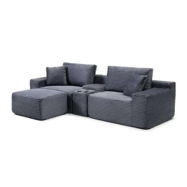 Alt view image 7 of 7 - 111" Oversized Modular Sectional Couch, L Shaped Corduroy Cloud Sofa with Cup Holders, USB & Type-C Ports, Storage Box, Deep Seat Upholstered Memory Foam Boneless Floor Sofa for Living Room (Gray)