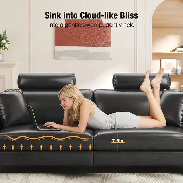 Alt view image 6 of 7 - 87" Sofa Premium PU Leather Couch with Headrest, Comfy 27" Extra Deep Seat 3 Seater Sofa for Living Room, Includes 2 Pillows, Black