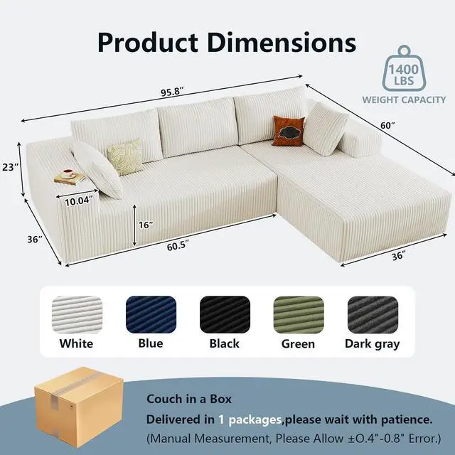 Alt view image 2 of 6 - 96" Cloud Sectional Couch with L-Shape Chaise, Modern Corduroy Boneless Couch for Living Room,Memory Foam Sofa with Deep Seat,No Assembly Required (White,Right-Facing Chaise)