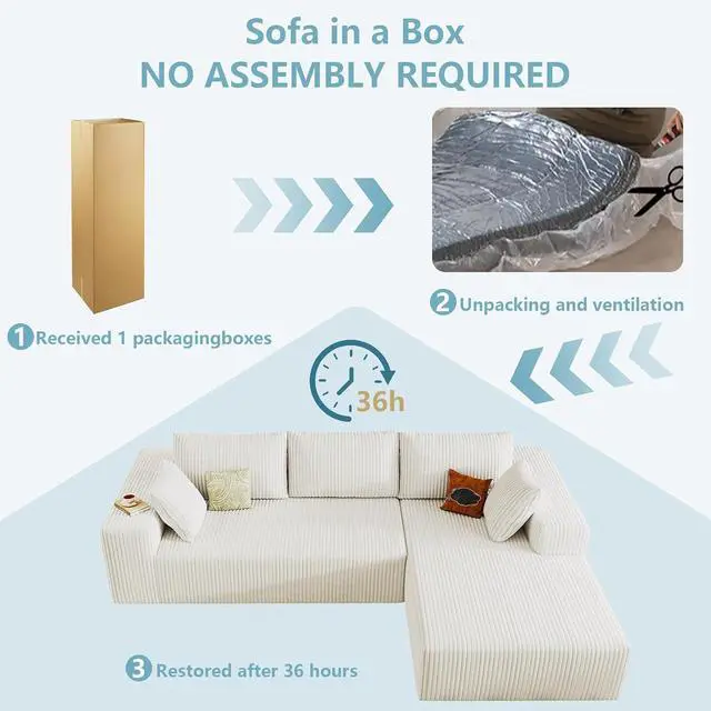Alt view image 5 of 6 - 96" Cloud Sectional Couch with L-Shape Chaise, Modern Corduroy Boneless Couch for Living Room,Memory Foam Sofa with Deep Seat,No Assembly Required (White,Right-Facing Chaise)