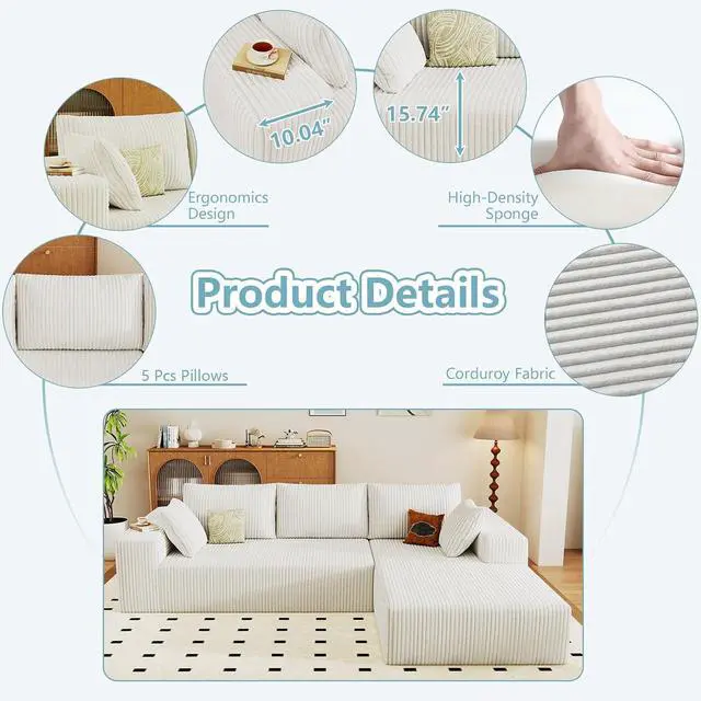 Alt view image 4 of 6 - 96" Cloud Sectional Couch with L-Shape Chaise, Modern Corduroy Boneless Couch for Living Room,Memory Foam Sofa with Deep Seat,No Assembly Required (White,Right-Facing Chaise)