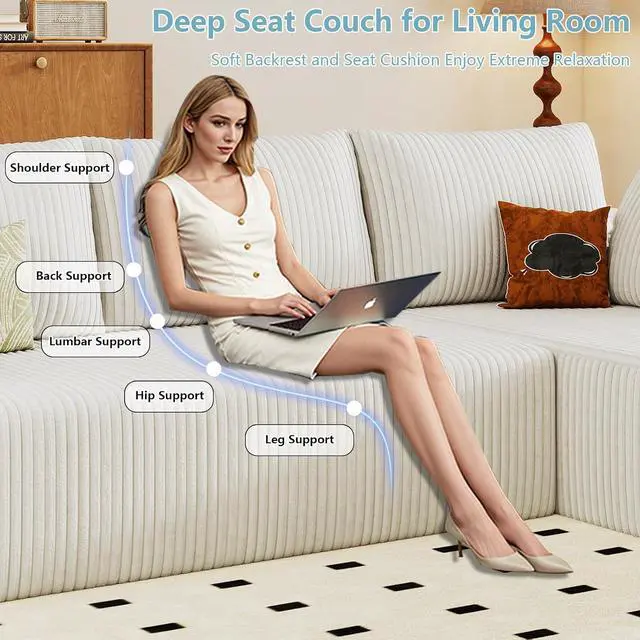 Alt view image 3 of 6 - 96" Cloud Sectional Couch with L-Shape Chaise, Modern Corduroy Boneless Couch for Living Room,Memory Foam Sofa with Deep Seat,No Assembly Required (White,Right-Facing Chaise)