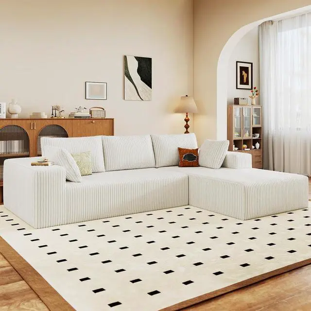 Alt view image 6 of 6 - 96" Cloud Sectional Couch with L-Shape Chaise, Modern Corduroy Boneless Couch for Living Room,Memory Foam Sofa with Deep Seat,No Assembly Required (White,Right-Facing Chaise)