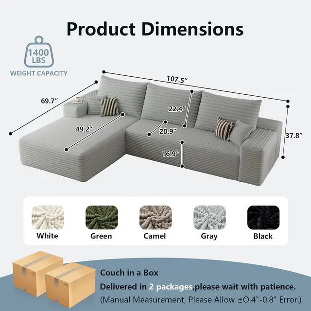 Alt view image 2 of 7 - 107" W Cloud Sectional Couch with L-Shape Chaise, Modern Corduroy Boneless Couch for Living Room,Memory Foam Sofa with Deep Seat,No Assembly Required (Grey,Left-Facing Chaise)
