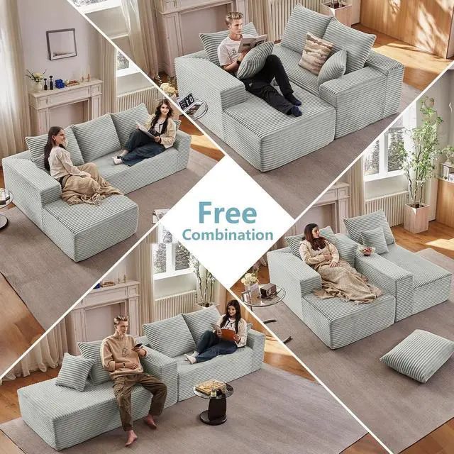 Alt view image 3 of 7 - 107" W Cloud Sectional Couch with L-Shape Chaise, Modern Corduroy Boneless Couch for Living Room,Memory Foam Sofa with Deep Seat,No Assembly Required (Grey,Left-Facing Chaise)