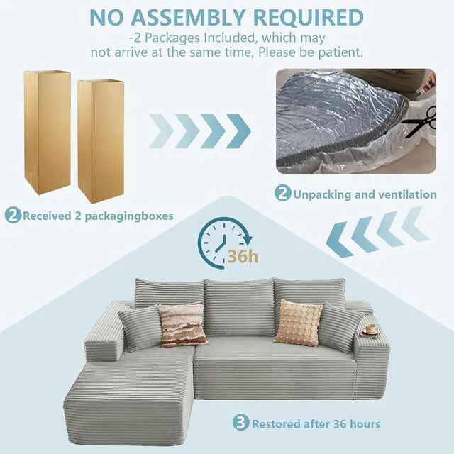 Alt view image 5 of 7 - 107" W Cloud Sectional Couch with L-Shape Chaise, Modern Corduroy Boneless Couch for Living Room,Memory Foam Sofa with Deep Seat,No Assembly Required (Grey,Left-Facing Chaise)