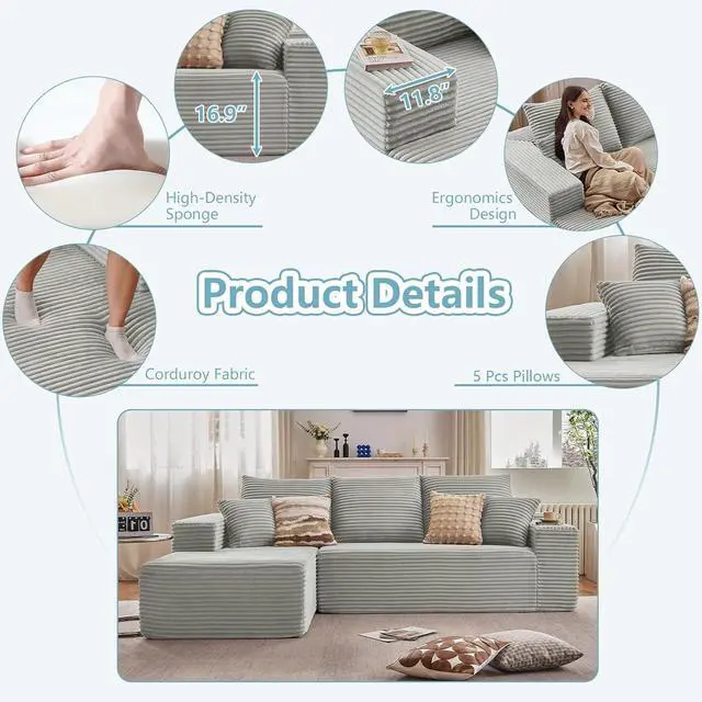 Alt view image 6 of 7 - 107" W Cloud Sectional Couch with L-Shape Chaise, Modern Corduroy Boneless Couch for Living Room,Memory Foam Sofa with Deep Seat,No Assembly Required (Grey,Left-Facing Chaise)