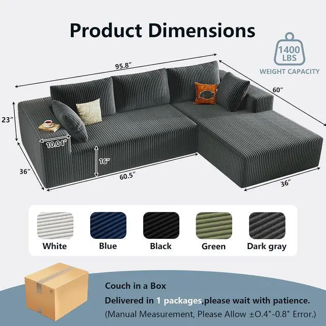 Alt view image 2 of 6 - 96" Cloud Sectional Couch with L-Shape Chaise, Modern Corduroy Boneless Couch for Living Room,Memory Foam Sofa with Deep Seat,No Assembly Required (Grey,Right-Facing Chaise)