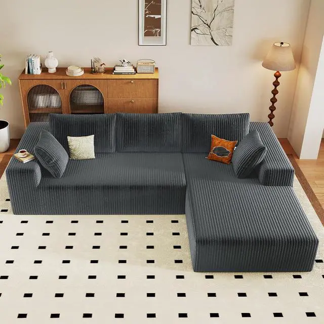 Alt view image 5 of 6 - 96" Cloud Sectional Couch with L-Shape Chaise, Modern Corduroy Boneless Couch for Living Room,Memory Foam Sofa with Deep Seat,No Assembly Required (Grey,Right-Facing Chaise)