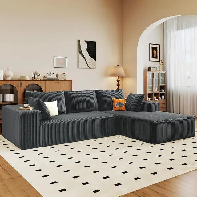 Alt view image 4 of 6 - 96" Cloud Sectional Couch with L-Shape Chaise, Modern Corduroy Boneless Couch for Living Room,Memory Foam Sofa with Deep Seat,No Assembly Required (Grey,Right-Facing Chaise)