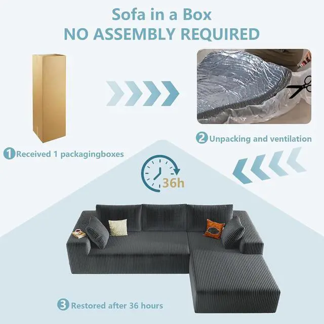 Alt view image 6 of 6 - 96" Cloud Sectional Couch with L-Shape Chaise, Modern Corduroy Boneless Couch for Living Room,Memory Foam Sofa with Deep Seat,No Assembly Required (Grey,Right-Facing Chaise)