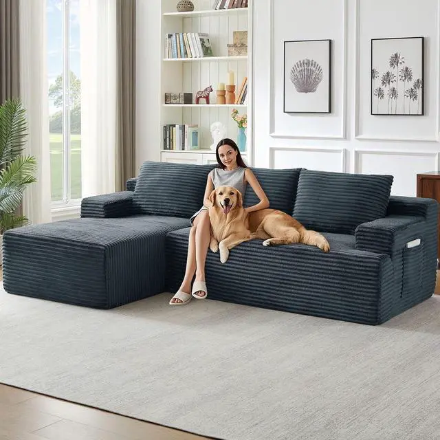 Main image of 96" Cloud Sectional Couch with L-Shape Chaise, Modern Corduroy Boneless Couch for Living Room,Memory Foam Sofa with Deep Seat,No Assembly Required (Dark Gray,Left-Facing Chaise)